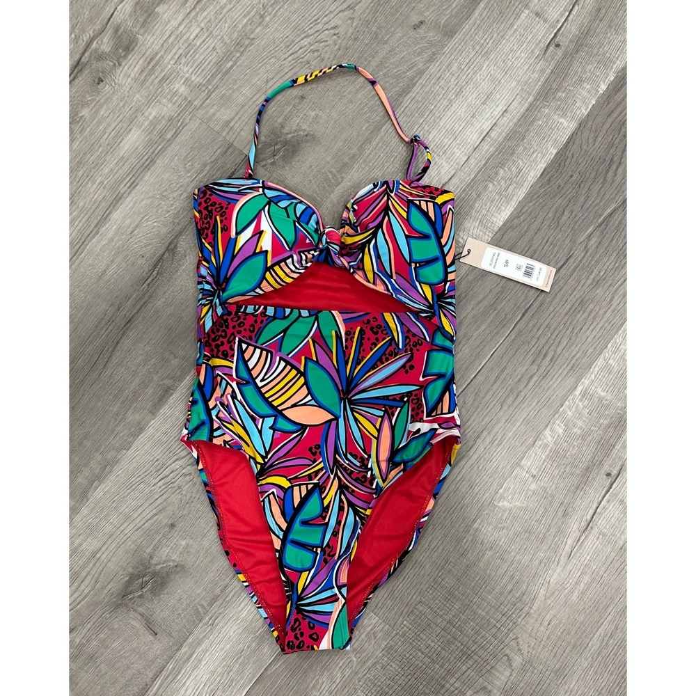 BCBGeneration Women's One-Piece Swimsuit – Tropical Print Cutout Halter